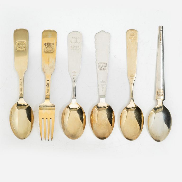 Anton Michelsen, Annual/Christmas flatware, 6 pieces, gilt sterling silver and enamel, Denmark, 1950s.