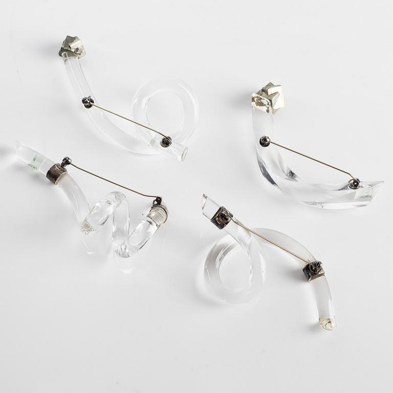 Siv Lagerström, four brooches, acrylic plastic, silver, and pyrite.