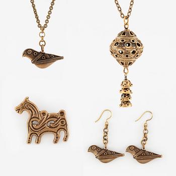 Kalevala Koru, 4 pieces, a pair of earrings, two necklaces, and a brooch, bronze, Finland.