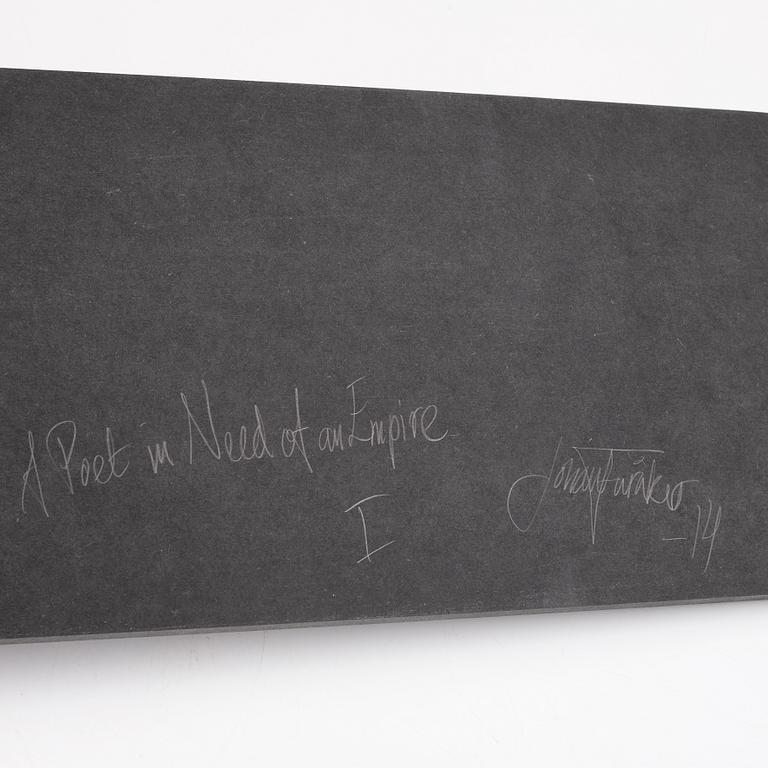 Johan Furåker, signed and dated -14. Objects, mixed media and panel on wooden shelf.