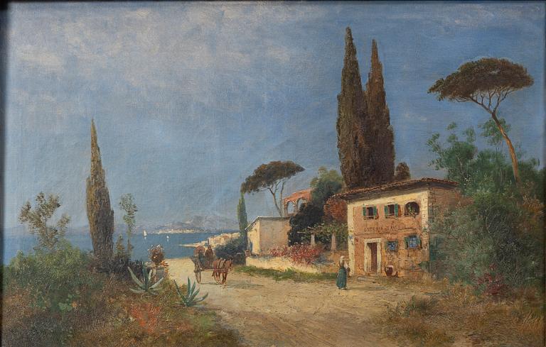Unknown artist, 19th/20th century, possibly Georg Fischhof. Southern village by the sea.