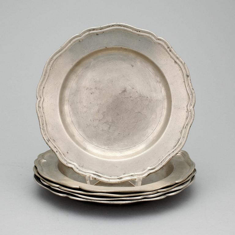 DJUPA TALLRIKAR, 5 st, tenn, rokoko, mest Johan Gustaf Ryman, Stockholm, 1700-tal.