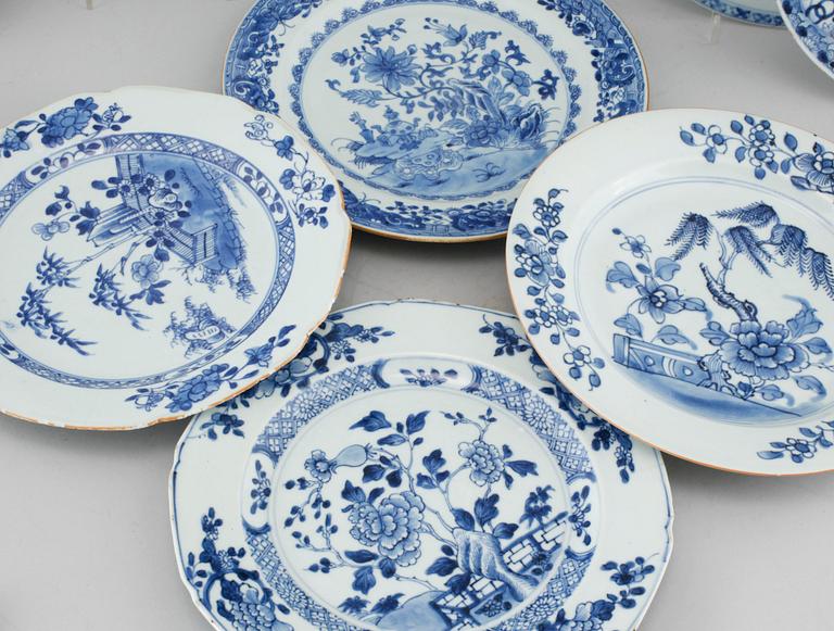 Nine blue and white dinner plates, Qianlong (1736-95).