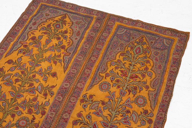 Embroidery, a pair, semi-antique Pateh Kirman, approx. 122 x 190 cm in total.