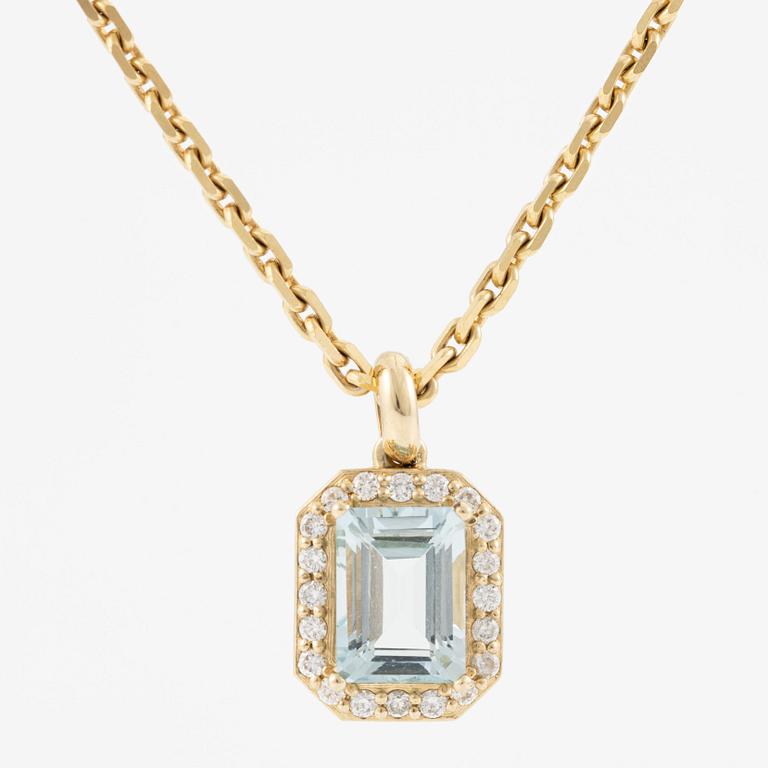 Pendant with 14K gold chain with a faceted aquamarine and round brilliant-cut diamonds.