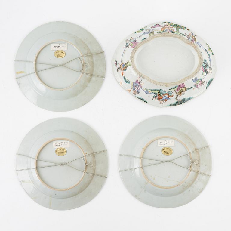 Three porcelain dishes, Qing dynasty, Qianlong  (1736-95) and a porcelain bowl, China, second half of the 20th Century.