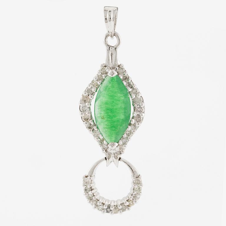 Pendant, low-grade white gold with green quartz and brilliant-cut diamonds.