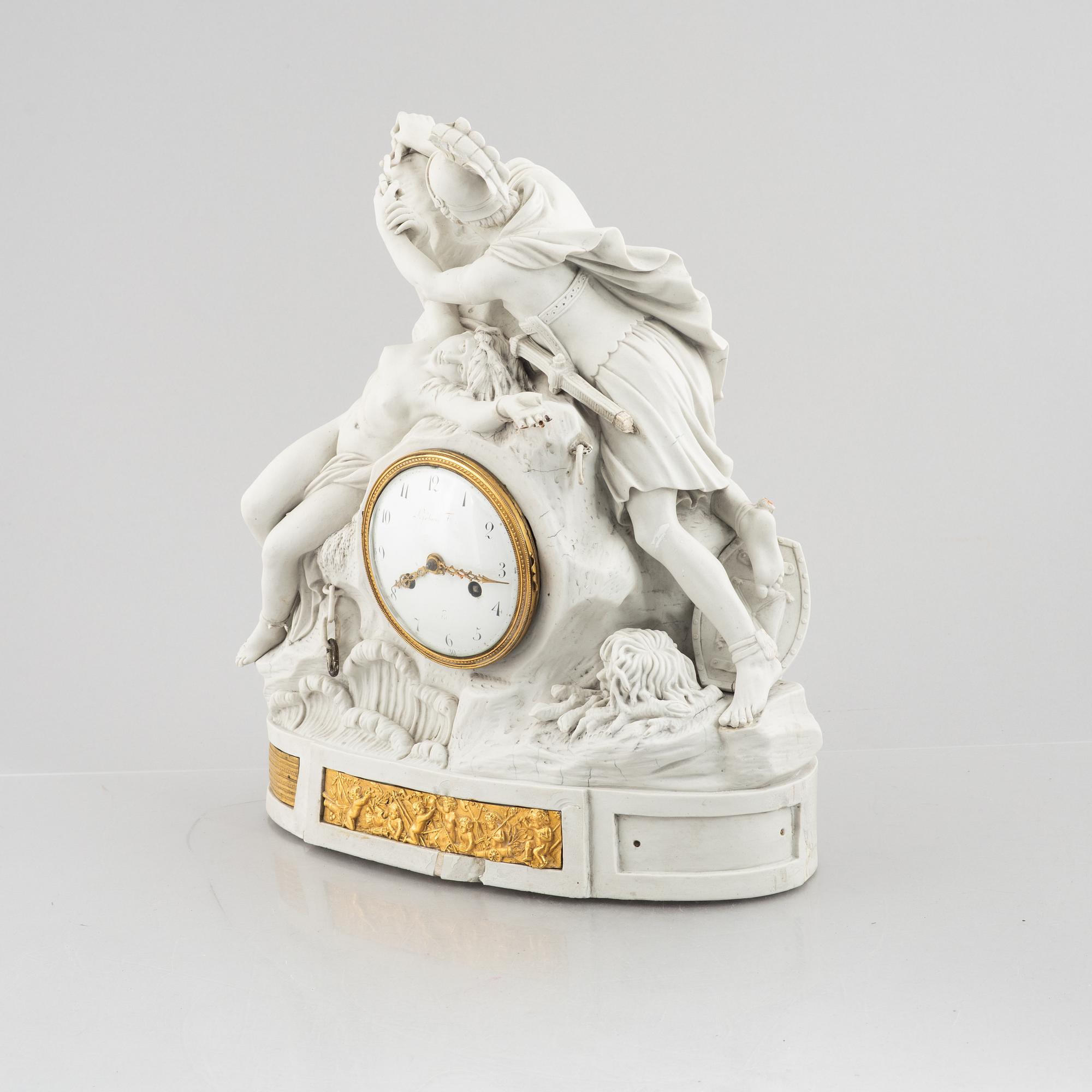 A French Louis XVI bisquit porcelain and ormolu-mounted figural mantel clock, late 18th century.