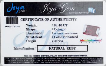 RUBIN, röd, kvadratisk fasetterad, ca 64.40 ct.