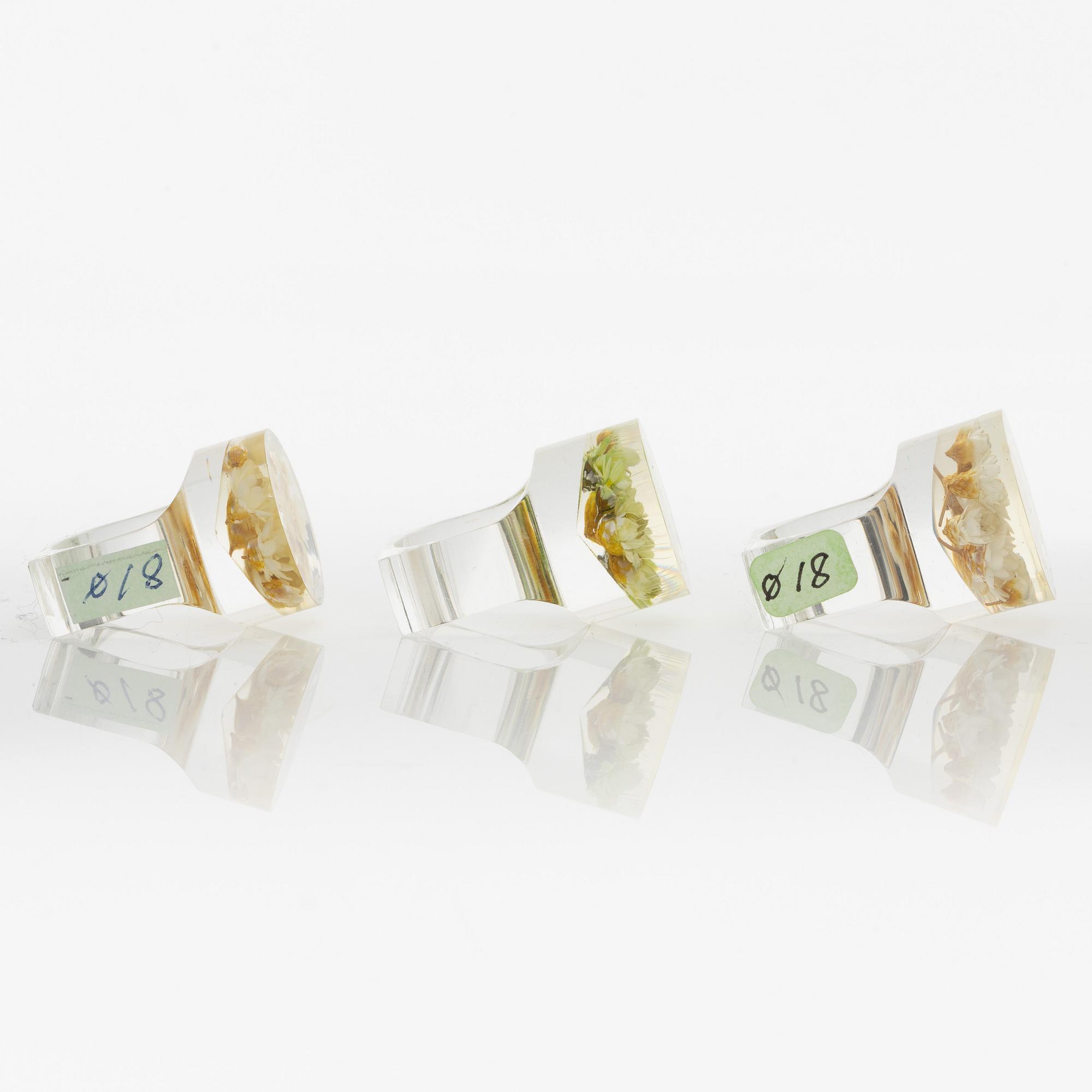 Siv Lagerström, three rings, acrylic plastic. Engraved works from the 1970s.