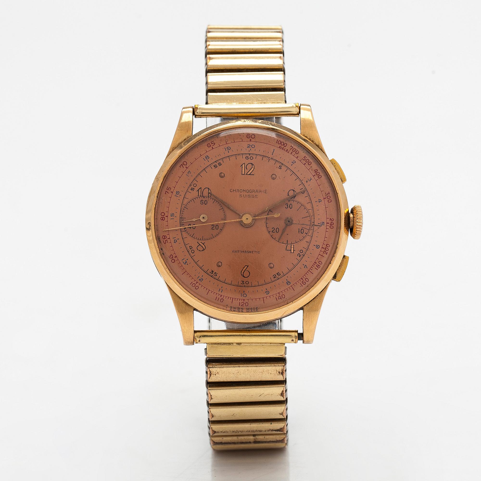 Chronographe Suisse, rannekello, 37,5 mm, 18K kultaa, manuaalinen, pleksilasi.