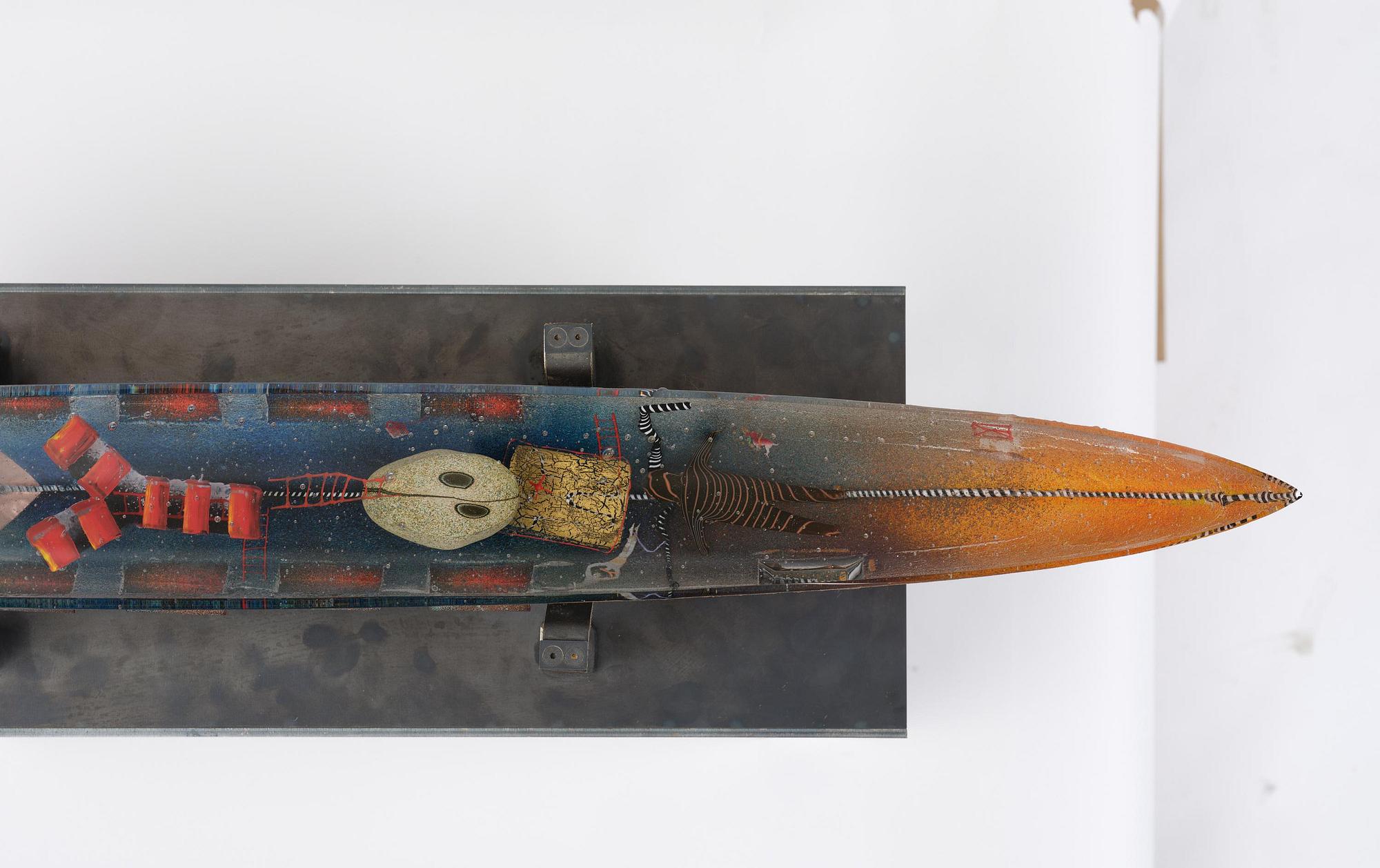 Bertil Vallien, a unique sand cast glass sculpture of a boat, Kosta Boda, Sweden.