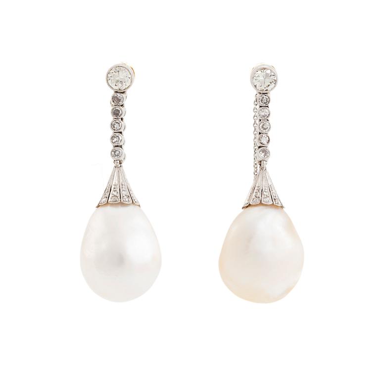 A pair of 18K gold and pearl earrings set with old- and rose-cut diamonds.