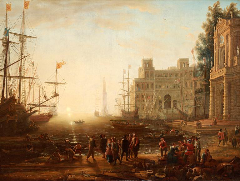 Claude Lorrain Efter, Carpriccio med en italiensk hamn i skymning med Villa Medici och handelsmän.