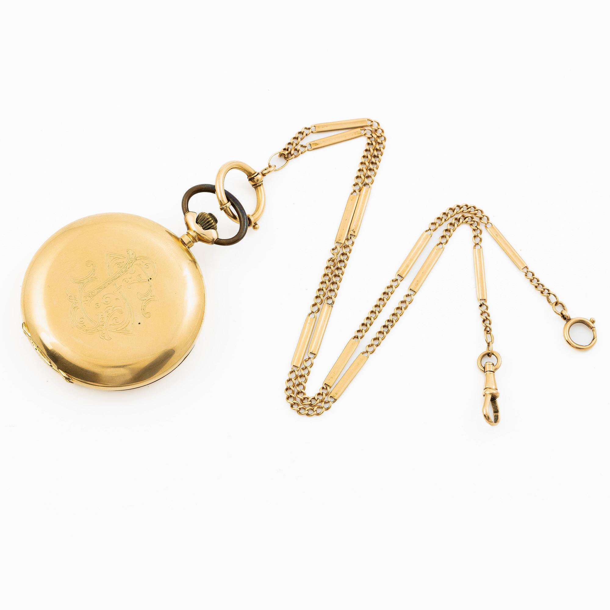 Pocket watch, hunter, 18K gold, chain 18K gold, 55 mm.
