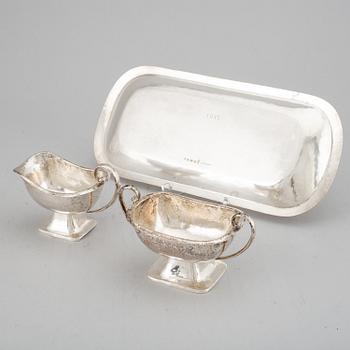 A German 20th century silver 800/1000, sugar and cream-jug on tray, marked Julius Herz.