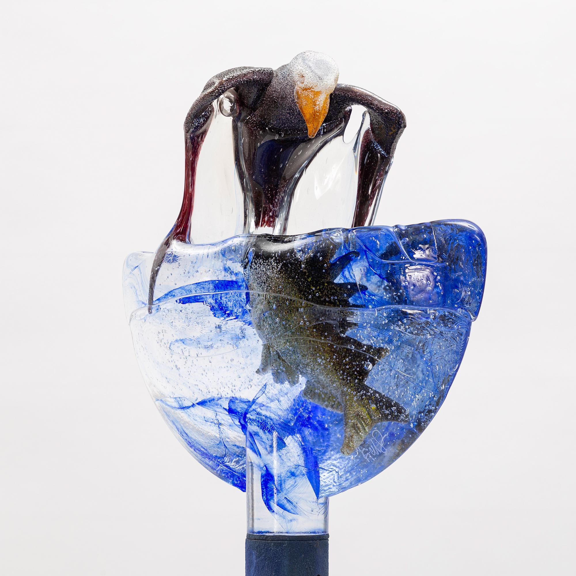 Kjell Engman, glass sculpture, seagull and fish in waves, Kosta Boda.