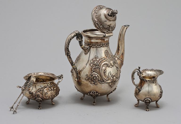 KAFFESERVIS, 4 delar, silver, rokokostil, 1900-talets andra hälft. Vikt 650 gram.