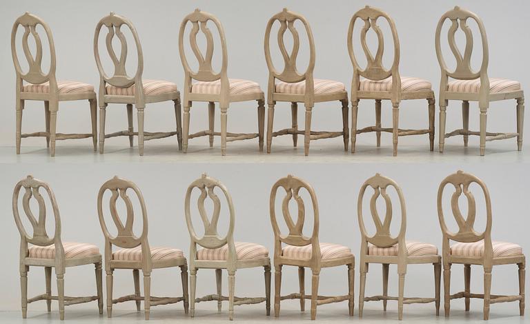 Twelve matched Gustavian late 18th century chairs.