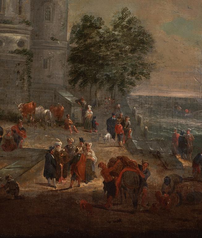 Dutch school, 17th/18th century, landscape with ruins and figures by the coast, a pair.