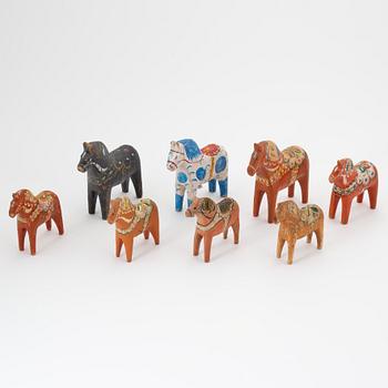 A set of eight Dala horses, first part/middle of the 20th Century.