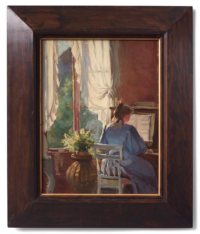 Emma Sparre, Sunlit interior with woman playing the piano.