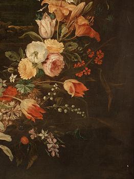 Daniel Seghers & Hendrick van Balen dä Attributed to., Landscape with garland of flowers and St John The Baptist.