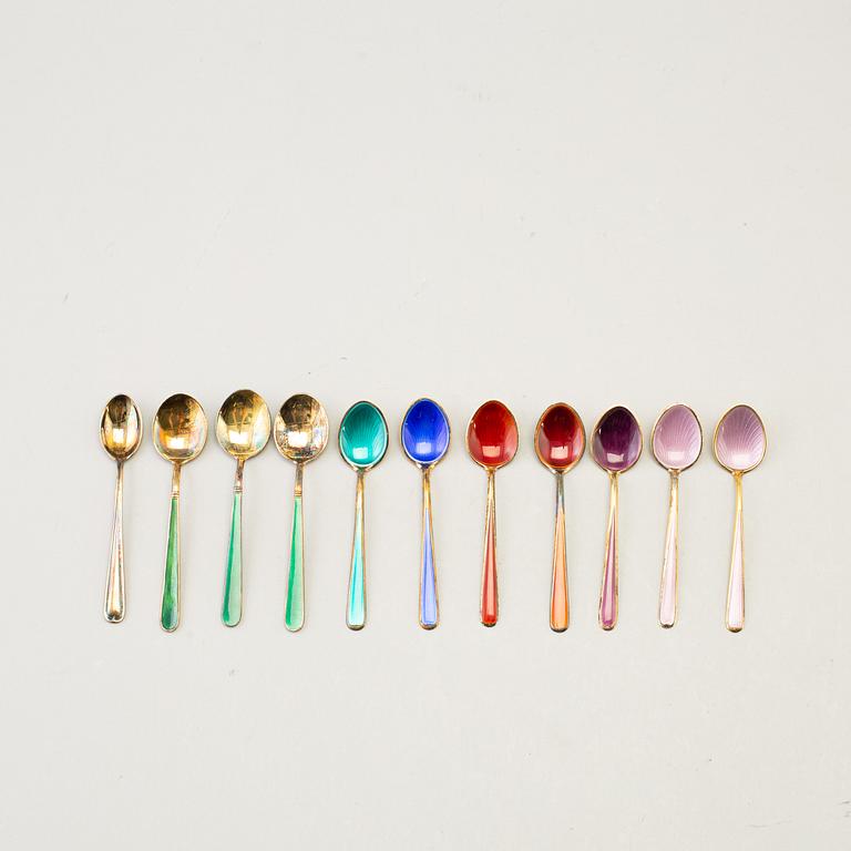 10+1 sterling silver and enamel spoons including David Andersen Norway.