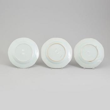 Three blue and white export porcelain plates, Qing dynasty, Qianlong (1736-95).