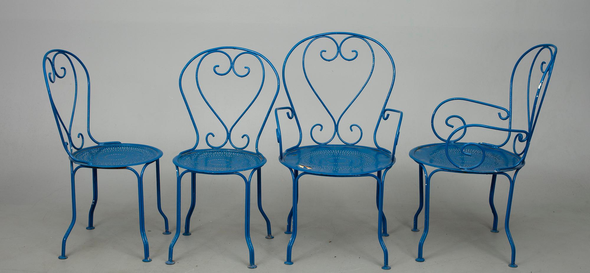 PUUTARHAKALUSTO, 5 osaa, siniseksi maalattua metallia, 1900-luku.