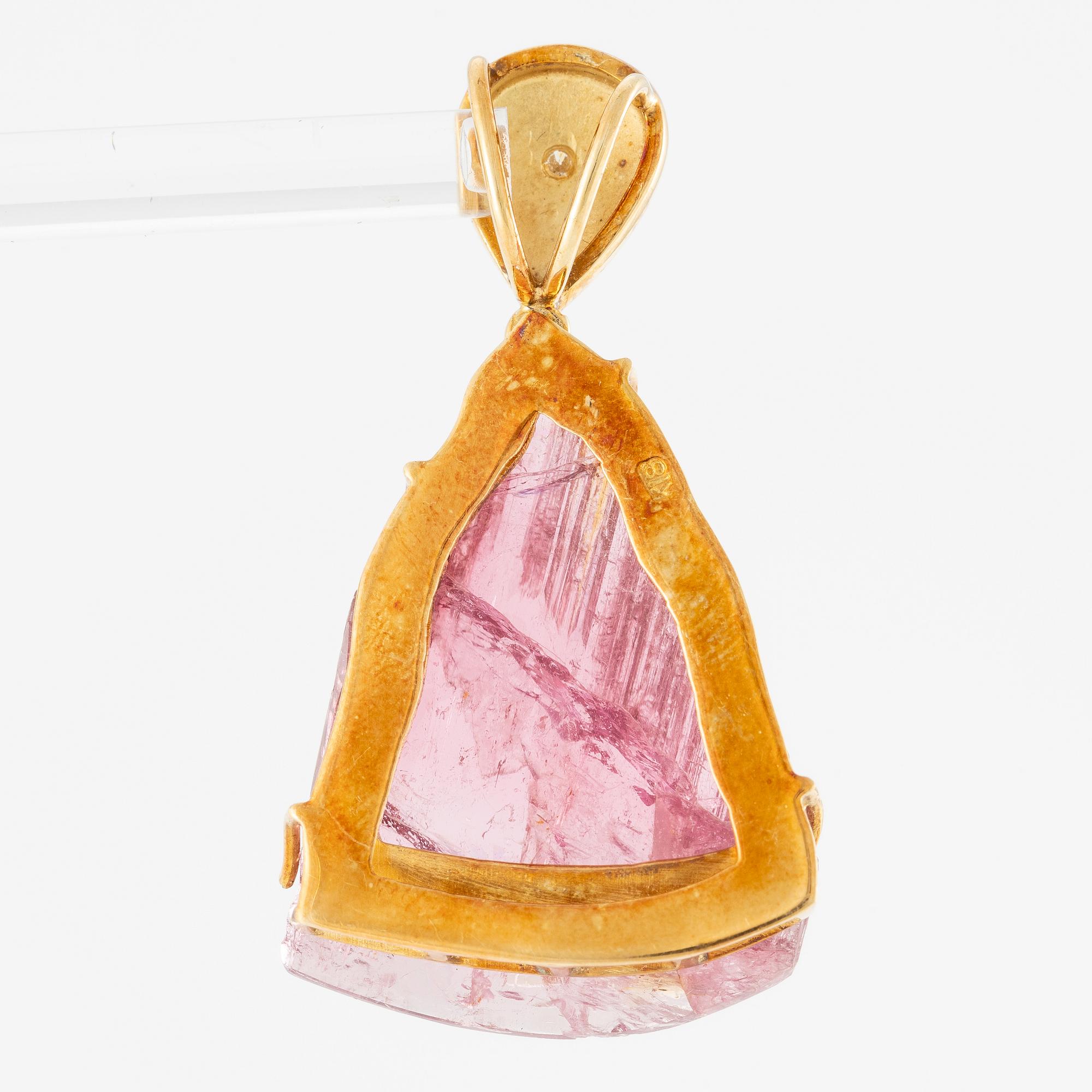 Pendant in 18K gold with pink tourmaline and brilliant-cut diamond.