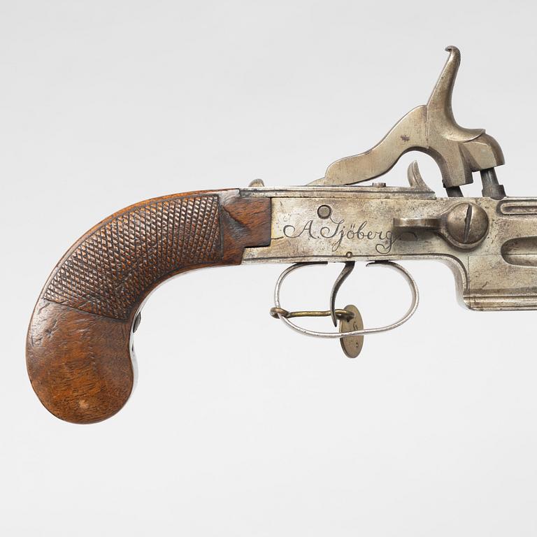 Percussion pistol, double-barrelled, signed A Sjöberg, Linköping, (Axel S. active 1766-1834).