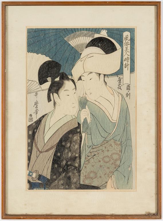 UTAMARO KITAGAWA (c.1753-1806), färgträsnitt, tre stycken. Japan.