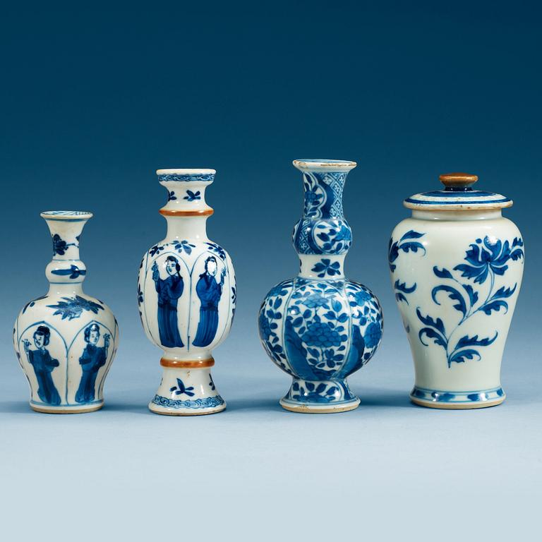 A set of four blue and white miniature vases, Qing dynasty, Kangxi (1662-1722).