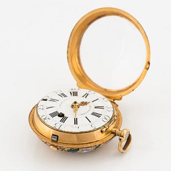 A 20k gold and enamel pocket watch by J-B Dutertre, the case by F. Bergs, Stockholm 1754.