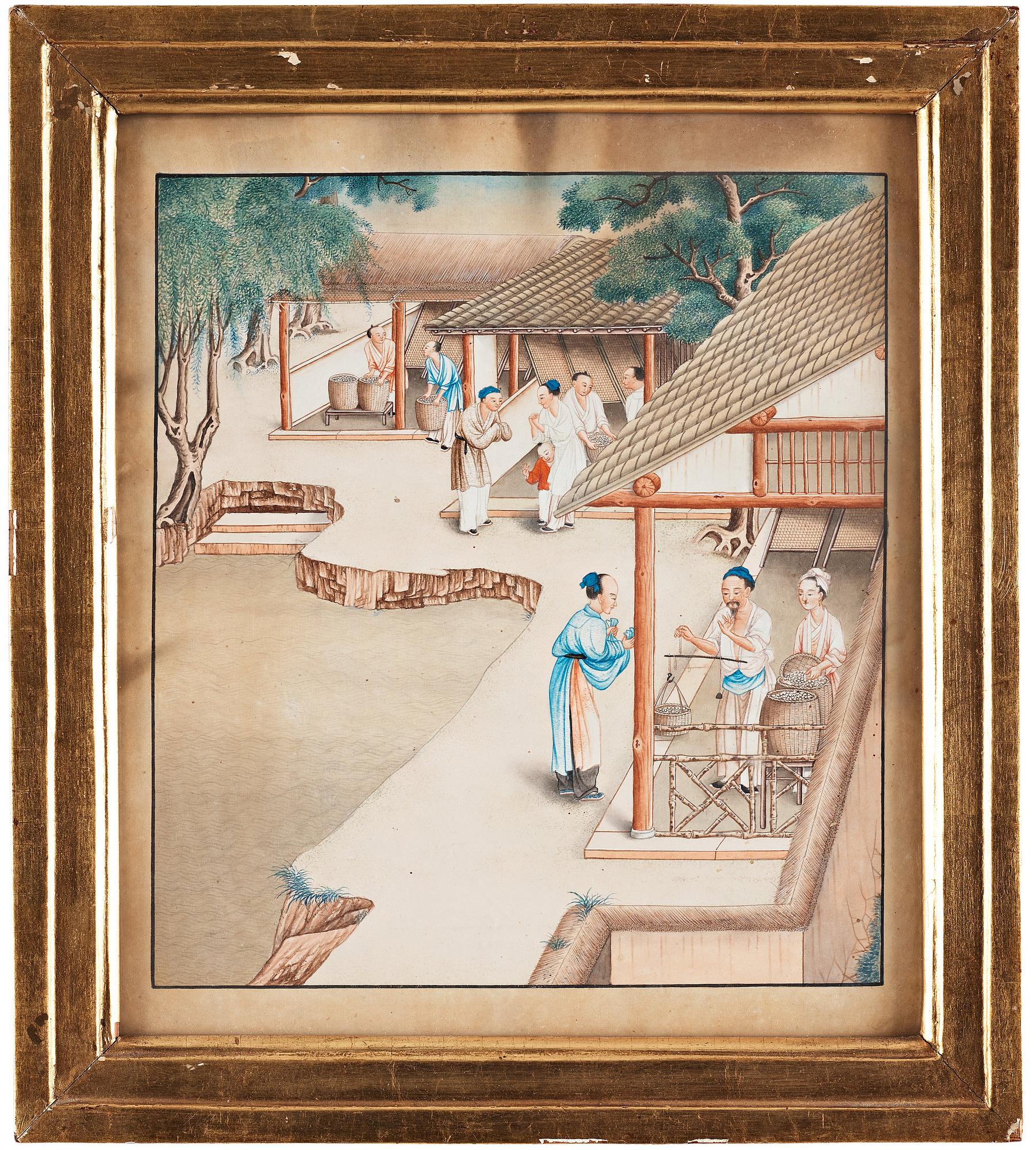 AKVARELLER, nio stycken. Okänd konstnär, Qingdynastin, 1800-tal.