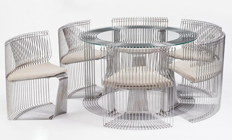 Verner Panton, a "Pantonova" dining table with 6 chairs, model "102 S-G", Fritz Hansen, Denmark 1970s.