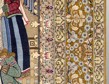 A pictoral part silk, Esfahan rug, signerad, 240 x 158 cm.
