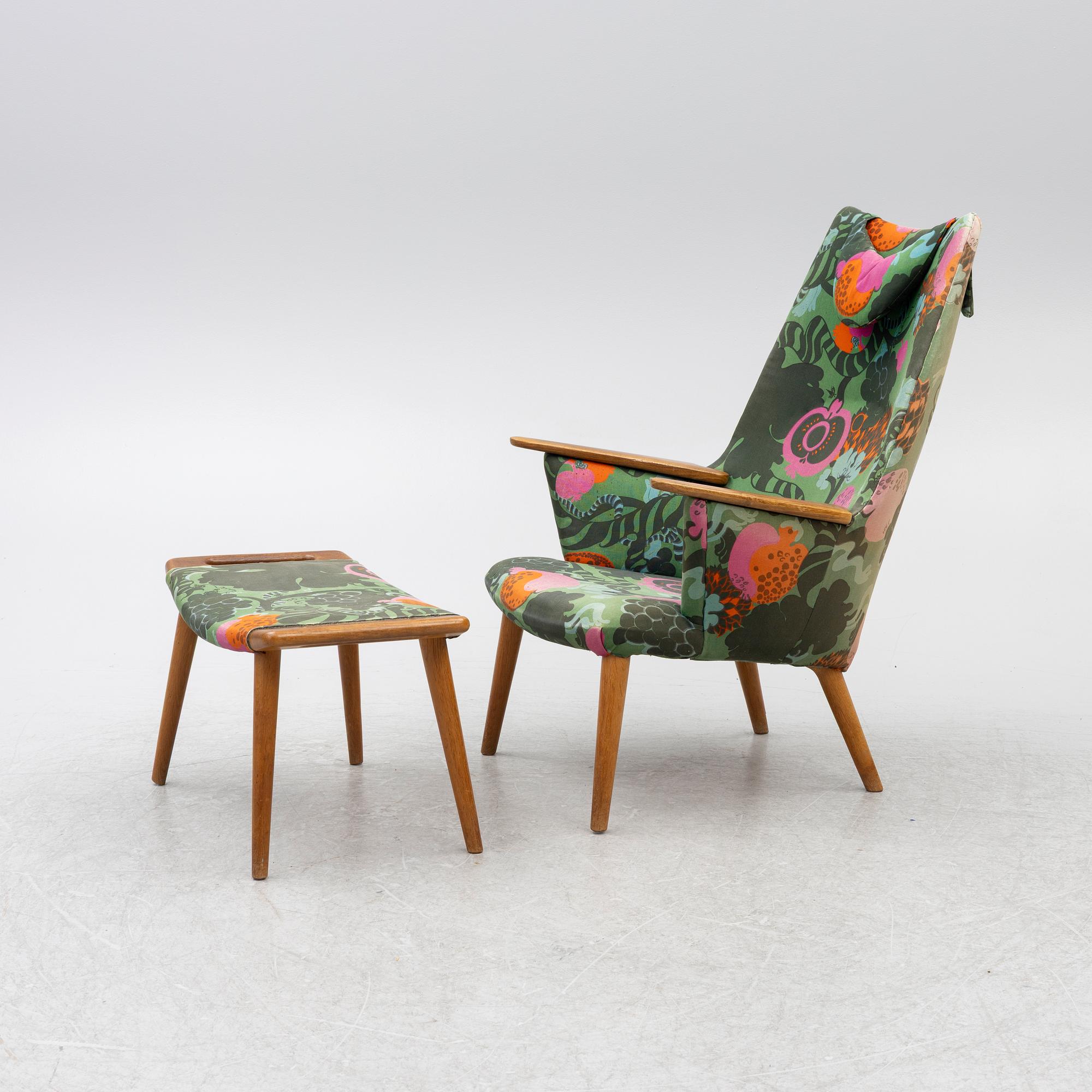 Armchair with footstool, 1950s/60s. Fabric "Tutti Frutti" Sven Fristed, Borås Wäfveri.