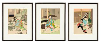 Hasegawa Sadanobu III, a set of three woodblock prints in colours, 20th Century.