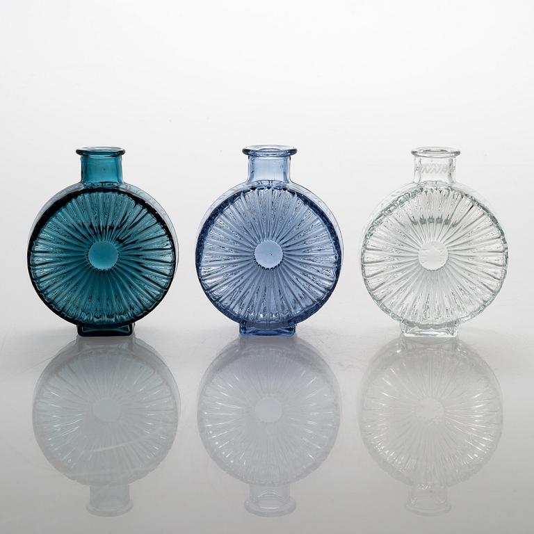 Helena Tynell, A set of three Sun bottles for Riihimäen Lasi Oy. Produced 1964-1974. Incl Finnair model.