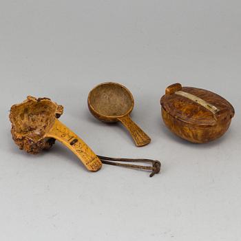 Three Sami burr birch items, one dated 1937.