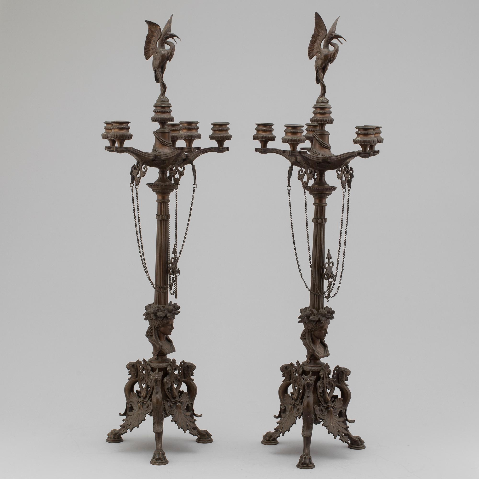 FERDINAND BARBEDIENNE, attributed to, a pair of 19th century bronze candelabra.