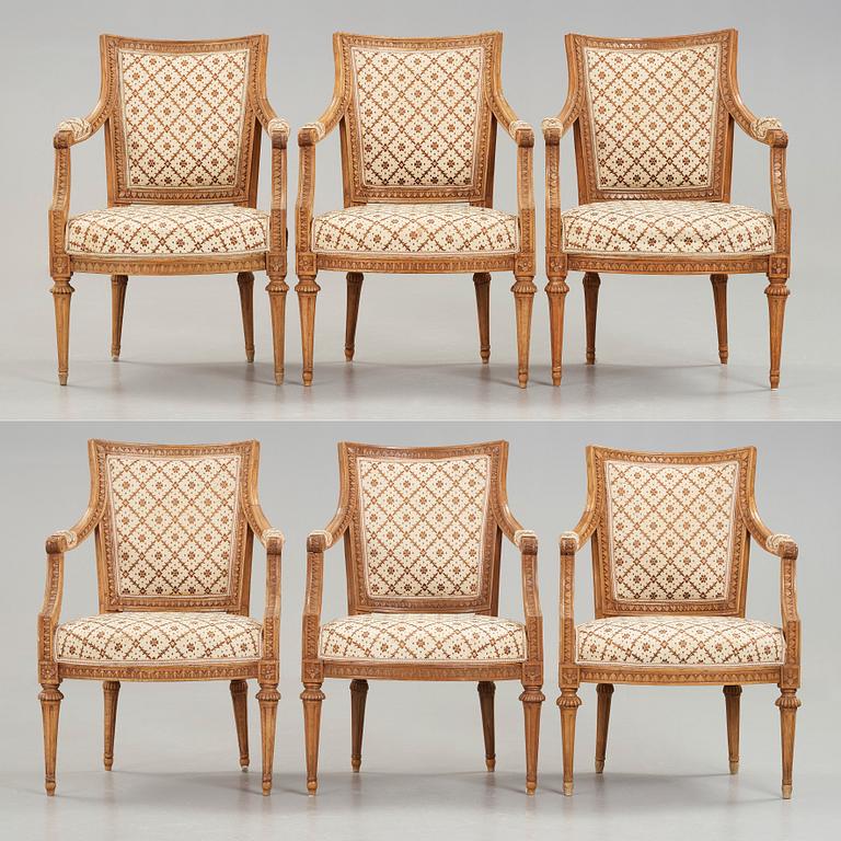 Six Gustavian late 18th century armchairs by Johan Lindgren, master in Stockholm 1770-1800.