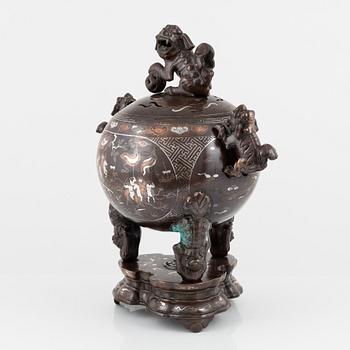 A bronze incense burner with cover and stand, China, 20th century.