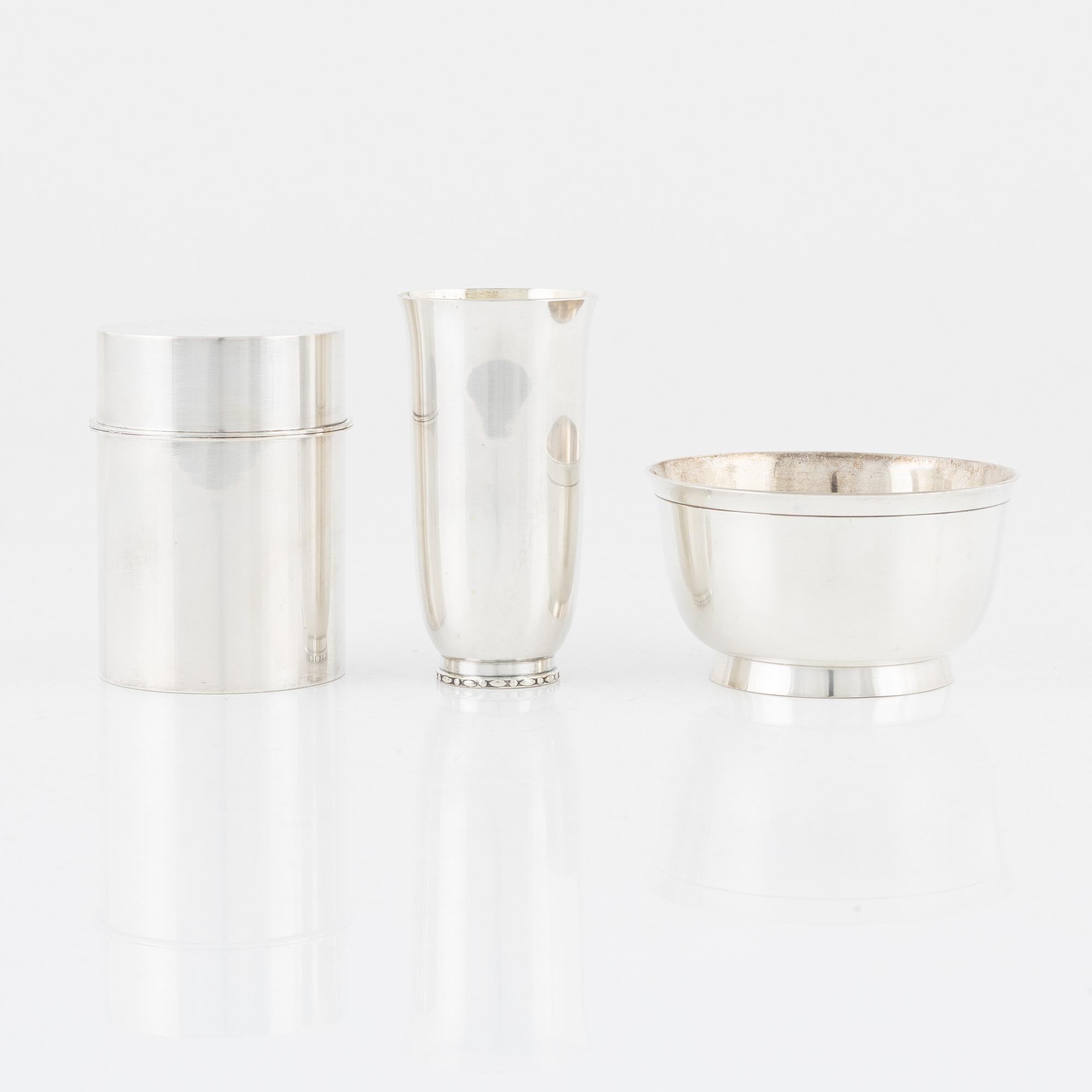 A Swedish silver vase, a bowl and a box with cover, including Atelier Borgila, Stockholm, 1966.