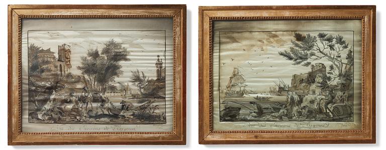 Embroideries, 1 pair, "Vue des Environs de Bayonne", signed and dated.