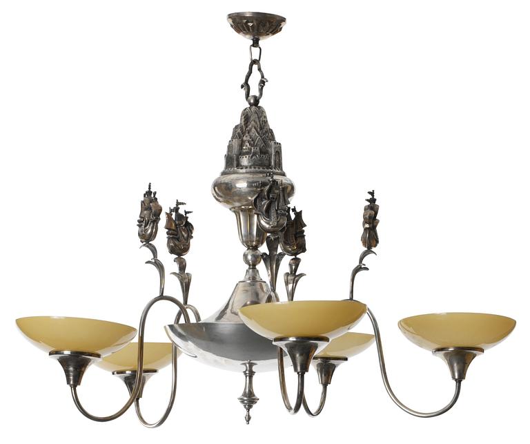 An Atelier Torndahl silver plated chandelier, Perstorp, Sweden 1920-30's.