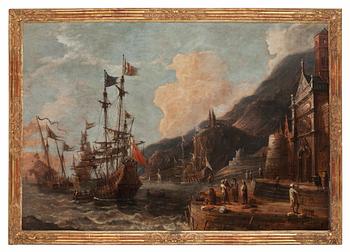 Abraham Storck Hans krets, Hamnbild med båtar på redden och köpmän på kaj.