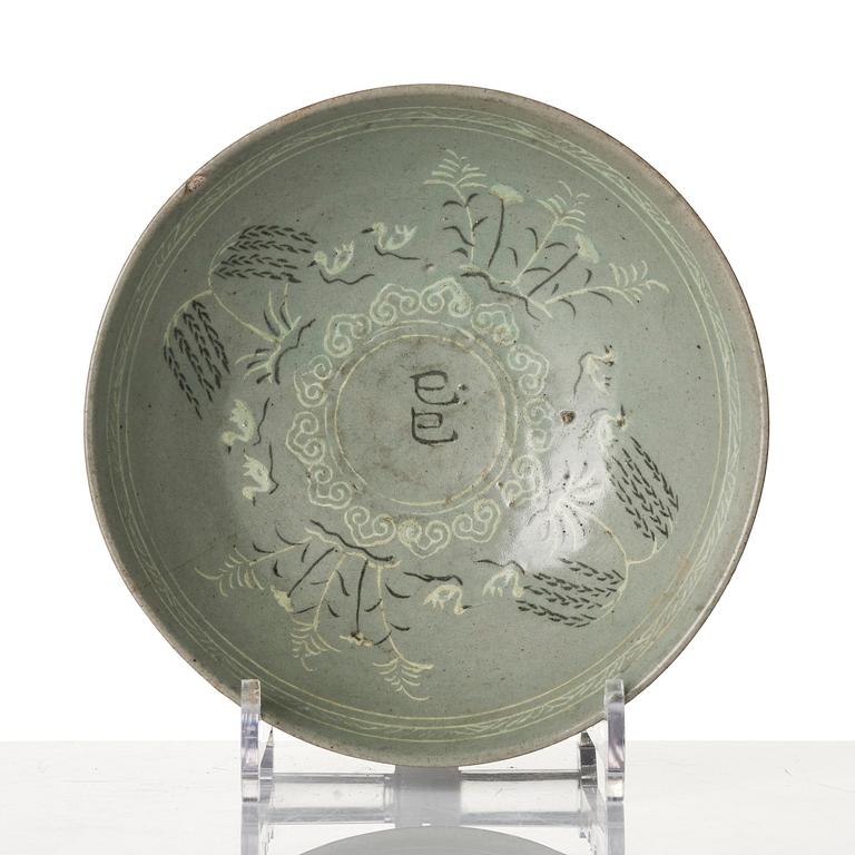 A celadon glazed slip-decorated bowl, Korea, Goryeo, 12/13th century.